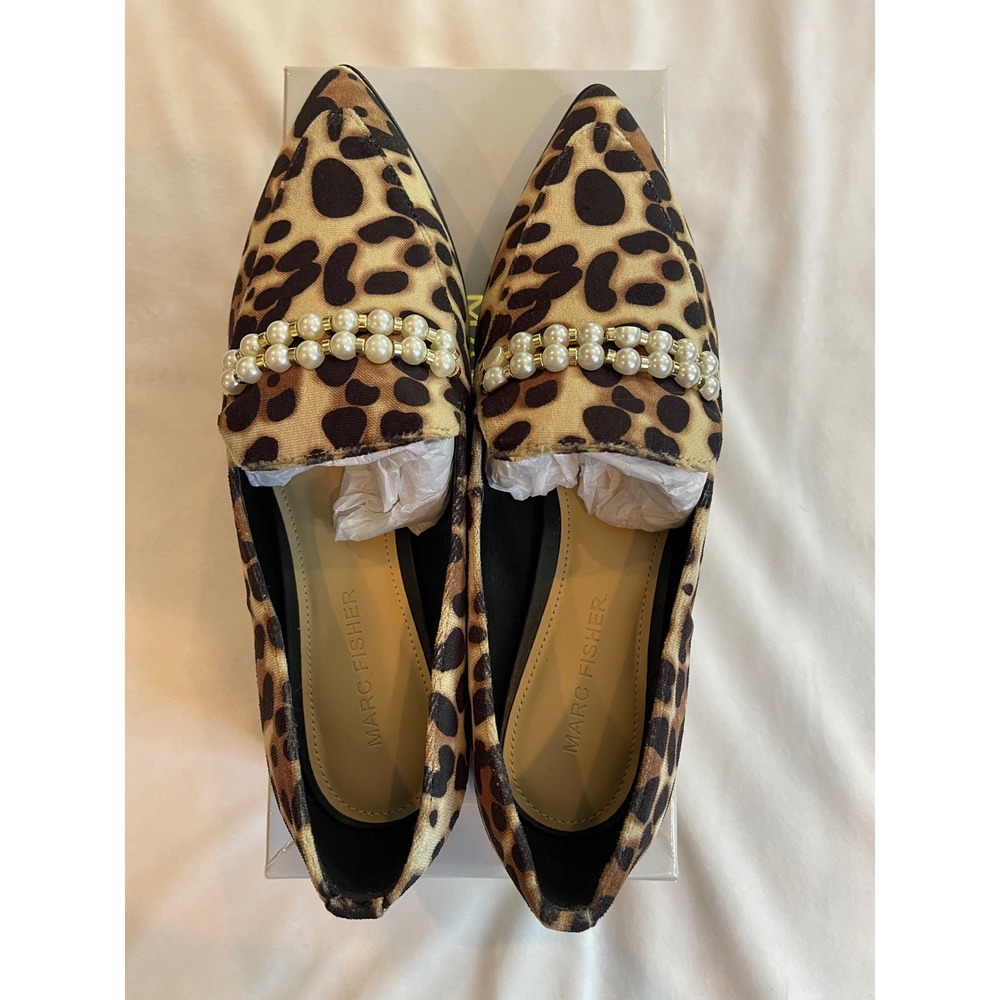 Marc Fisher Kneel Leopard Print Pearl Embellished Pointed Toe Loafers Brown 6.5